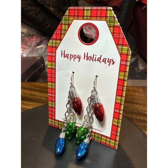 Holiday-Themed Hypoallergenic Earrings Colorful Bulbs On Silver Chains Festive - Picture 8 of 9